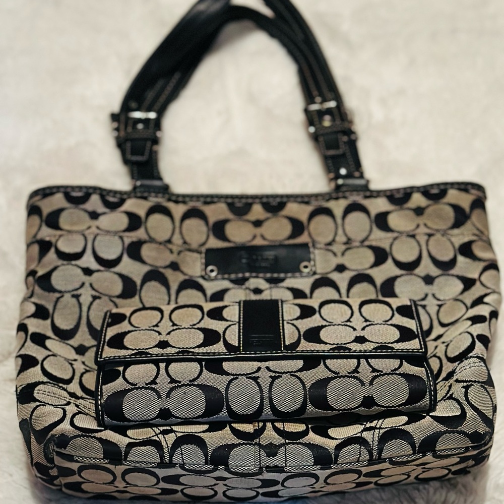Coach Black and Tan Shoulder Bag with Signature Monogram